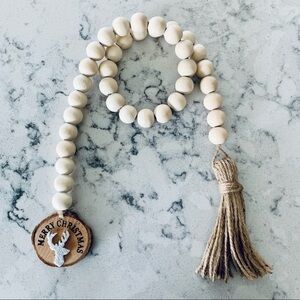 Farmhouse Christmas Wood Bead Garland Strand Deer Natural Wood Beads Tag